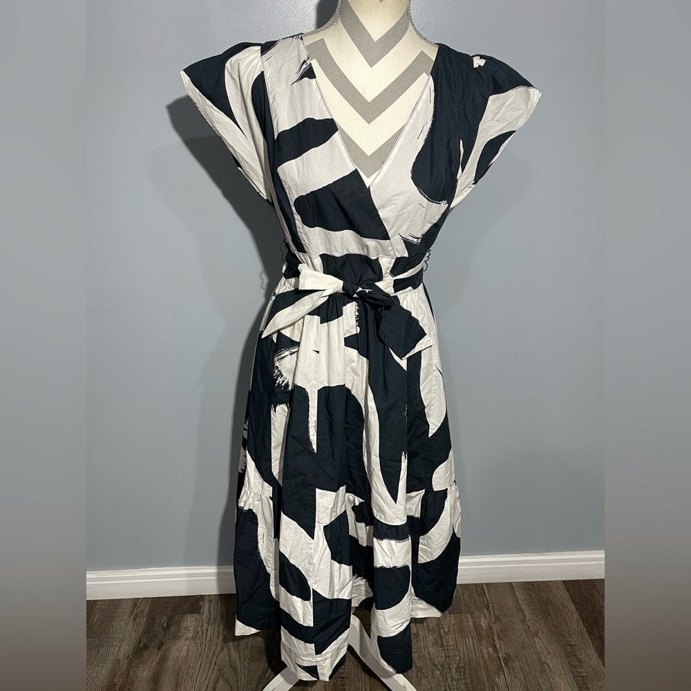 Black & White Abstract Wrap Dress with Waist Tie